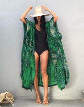 Emoswimsuit - Green Hooded Printed Beach Vacation Swimsuit Cover Up